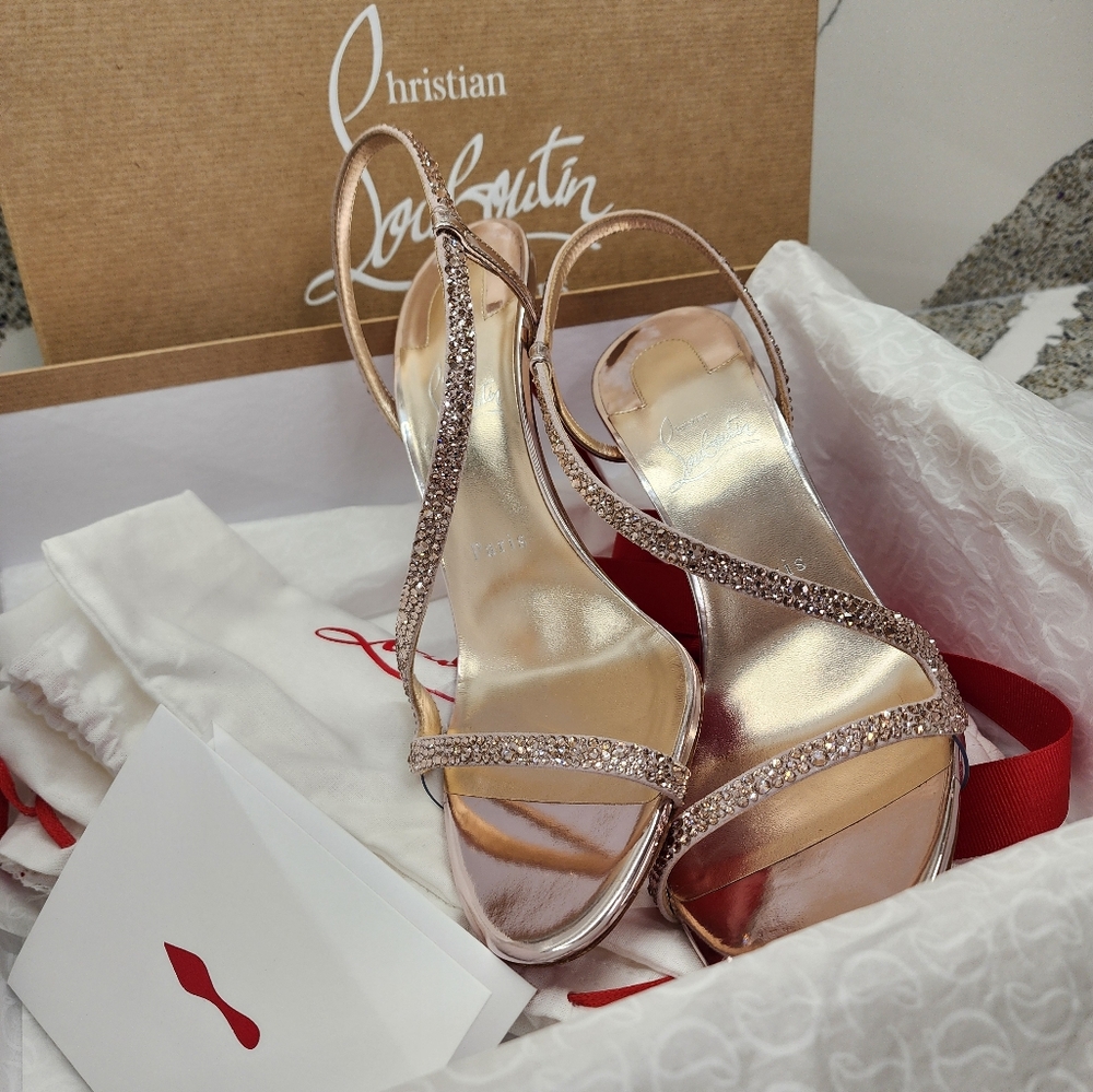 Christian Louboutin Rosalie Strass (Crystal) Sandal Heels in Vintage Rose 40 - Picture 2 of 16